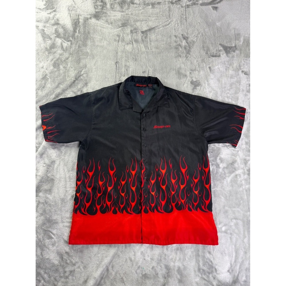 Vintage Snap-On Tools Flame Shirt Mens Sz L Black Red Y2K Button Up AOP